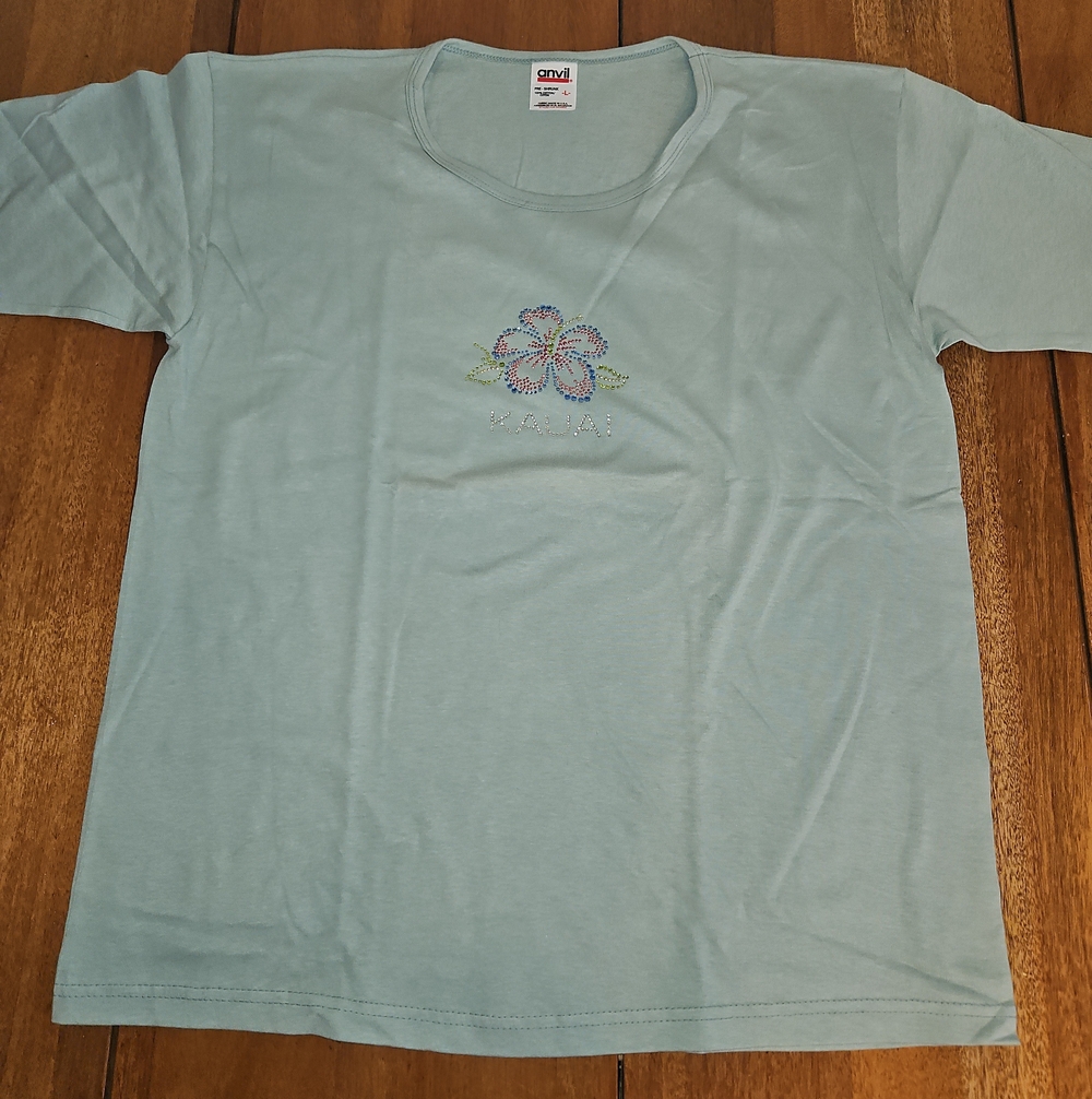 Anvil Light Aqua Girls' Rhinestone Floral Tee